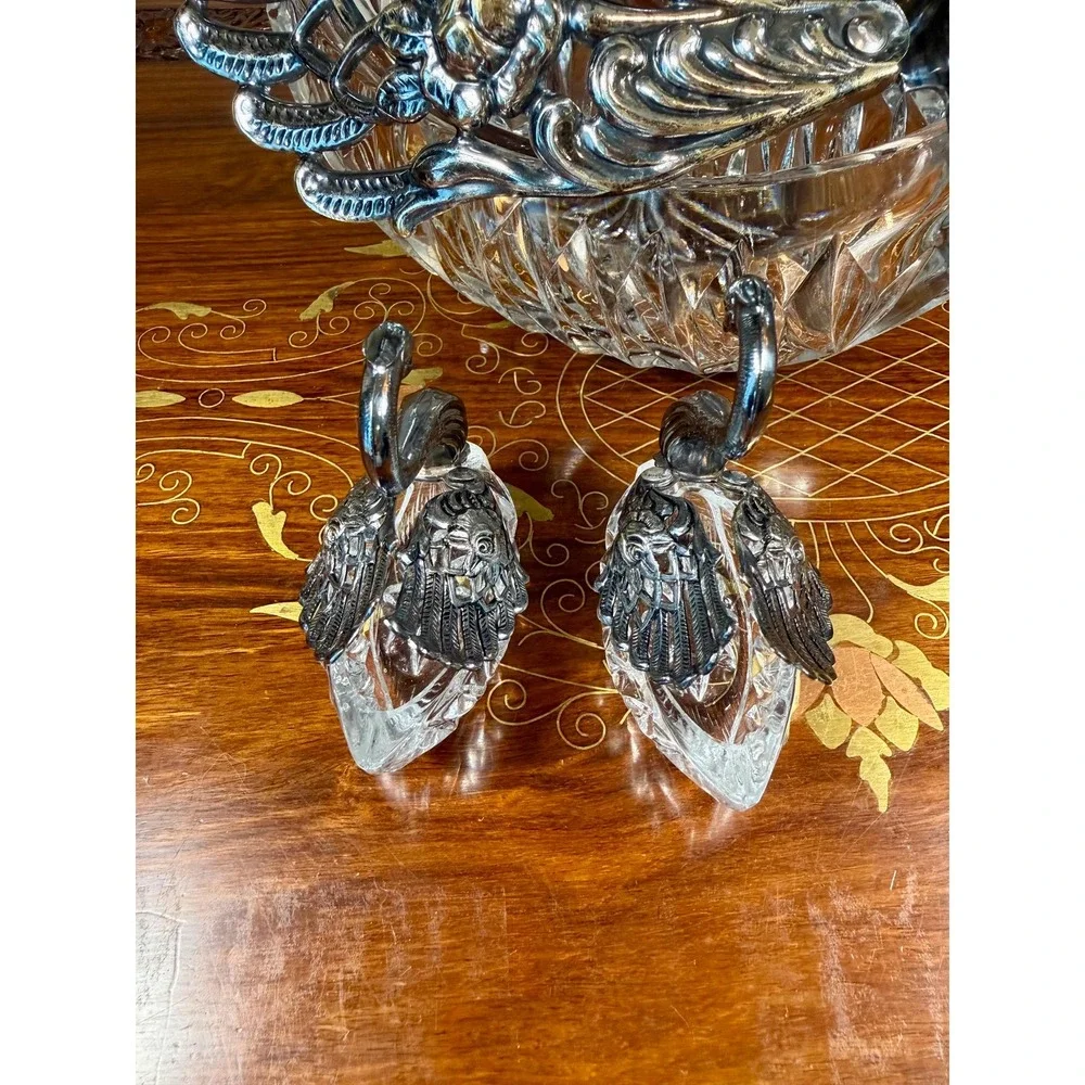 Vintage 3-Piece Crystal Swan Set Centerpiece Bowl with 2 Salt Cellars